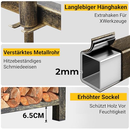Amagabeli Kaminholzregal Innen Brennholzregal mit 4 Kaminwerkzeug 74x40x30cm Kaminholzständer für Innen und Außen Kaminholzhalter Holzregal für Kamin Kaminofen Besteck Schmiedeeisen Bronze-4
