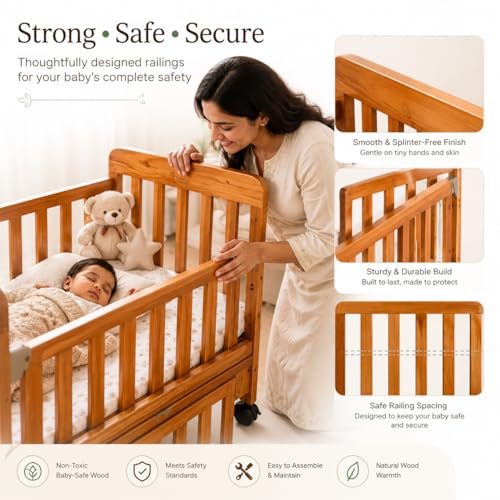 Image of Arcedo Crest Wooden Baby Cot | Rocker Function, 3-Level Adjustable Height, Bedside Sleeper, Lockable Wheels, Mosquito Net & Storage Shelf | Portable Baby Bed Crib for 0-4 Years (White)