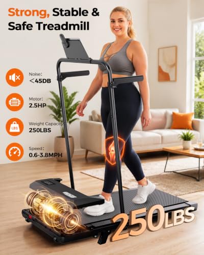 Image of Superun 3 in 1 Under Desk Treadmill with Handrails and Incline, Portable Folding Walking Pad for Home Office, 2.5 HP Quiet Mini Treadmill with LED Display & Remote, 300 Lbs Capacity, Dark Black