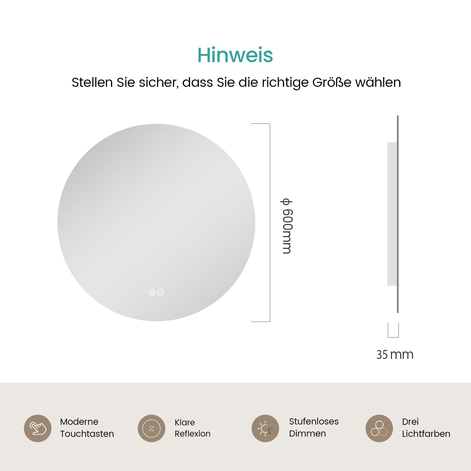EMKE Runder Badspiegel mit Beleuchtung 60 cm – Spiegel mit 3 Lichtfarben, dimmbar, Touch, Memory-Funktion, energiesparend – Badezimmerspiegel & Wandspiegel