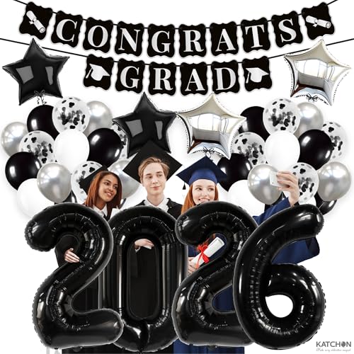 Image of KatchOn, Black and Silver Graduation Decorations 2026 Set - Huge, Pack Of 43 | 2026 Balloons, Congrats Grad Banner | Black Graduation Decorations 2026 | Black and White 2026 Graduation Decorations