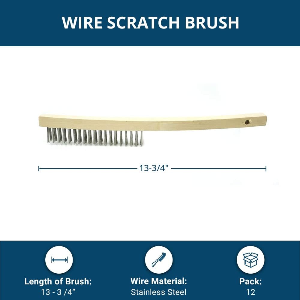 Benchmark Abrasives 13-3/4" Curved Handle Wire Scratch Brush Wooden Handle for Cleaning, Removing Rust, Paint, Corrosion, Multi-Purpose Wire Brush - 12 Pack (Stainless Steel)