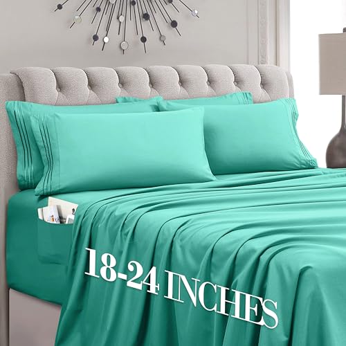 Image of Mocassi Luxury 6-Piece Sheet Set, Ultra Soft 1800 Premium Hotel Quality Microfiber Sheet Set, Fits Mattresses Up to 18 to 24 Inches Extra Deep Pocket - Breathable and Secure Fit, King, Paradise Teal