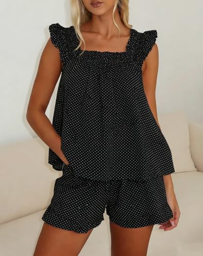 Image of ROAONOCOMO Women Floral Pajama Set Ruffle Babydoll Cami Top Coquette Pj Set Gingham 2 Piece Shorts Outfit Bridal Loungewear