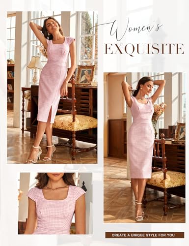 JASAMBAC Women's Vintage Midi Pencil Dress Tweed Cap Sleeve Sheath Dress Square Neck Work Dresses4