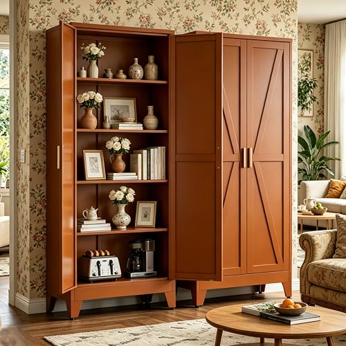Image of Bevivog Tall Rust Brown Storage Cabinet, 71 inch Metal Pantry Cabinet with 2 Doors and 4 Adjustable Shelves, Industrial Farmhouse Metal Pantry Cabinet for Kitchen Garage