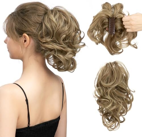 CJL HAIR Claw Clip Short Ponytail Hair Extensions DIY Bendable Metals Messy Bun Hair Piece for Wonen Wavy Curly Synthetic Fake Hairpieces Brunette/Ash Blonde