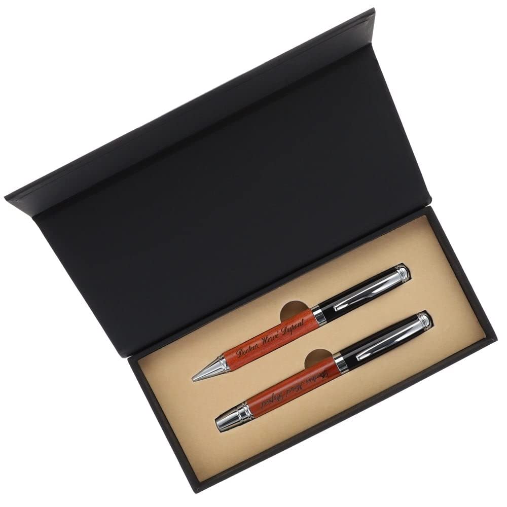 Ocadeau Coffret stylo personnalisé avec gravure texte – Stylos avec mélange bois, laquage noir et liseré chromé à personnaliser – Parure de stylos bois personnalisable