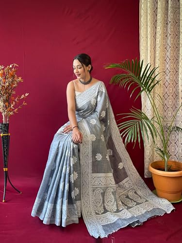 Image of SGF11 Women's Soft Cotton Linen Silk Saree With Blouse Piece