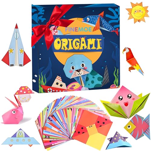 Image of FINEMOE 108 Origami Paper with Instruction Book for Kids, Craft Paper Sheets with 54 Design, 18x18 cm DIY Art Colour Paper for Craft Kit Set