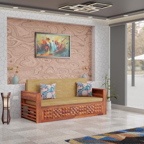 Image of BWF Heritage Sheesham Wood 3 Seater Sofa Cum Convertable Double Bed with Under Storage Unit | Extandable Arm Rest for Cofee /Tea Cup for Home and Office | BHsf - 02 (Natural Finish, 3D Carved)