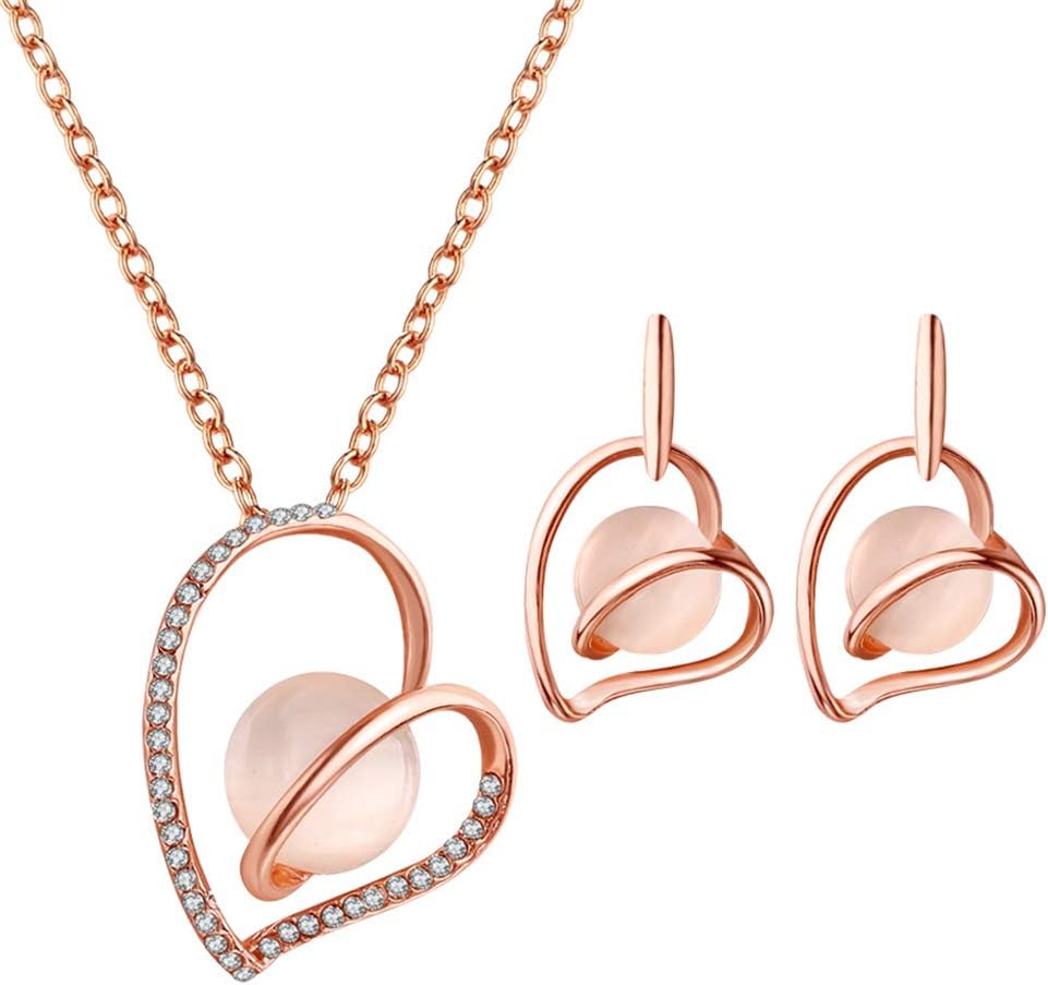 WuWxiuzhzhuo Sale Women Girl Rhinestone Heart Faux Opal Pendant Necklace Earrings Jewelry Set