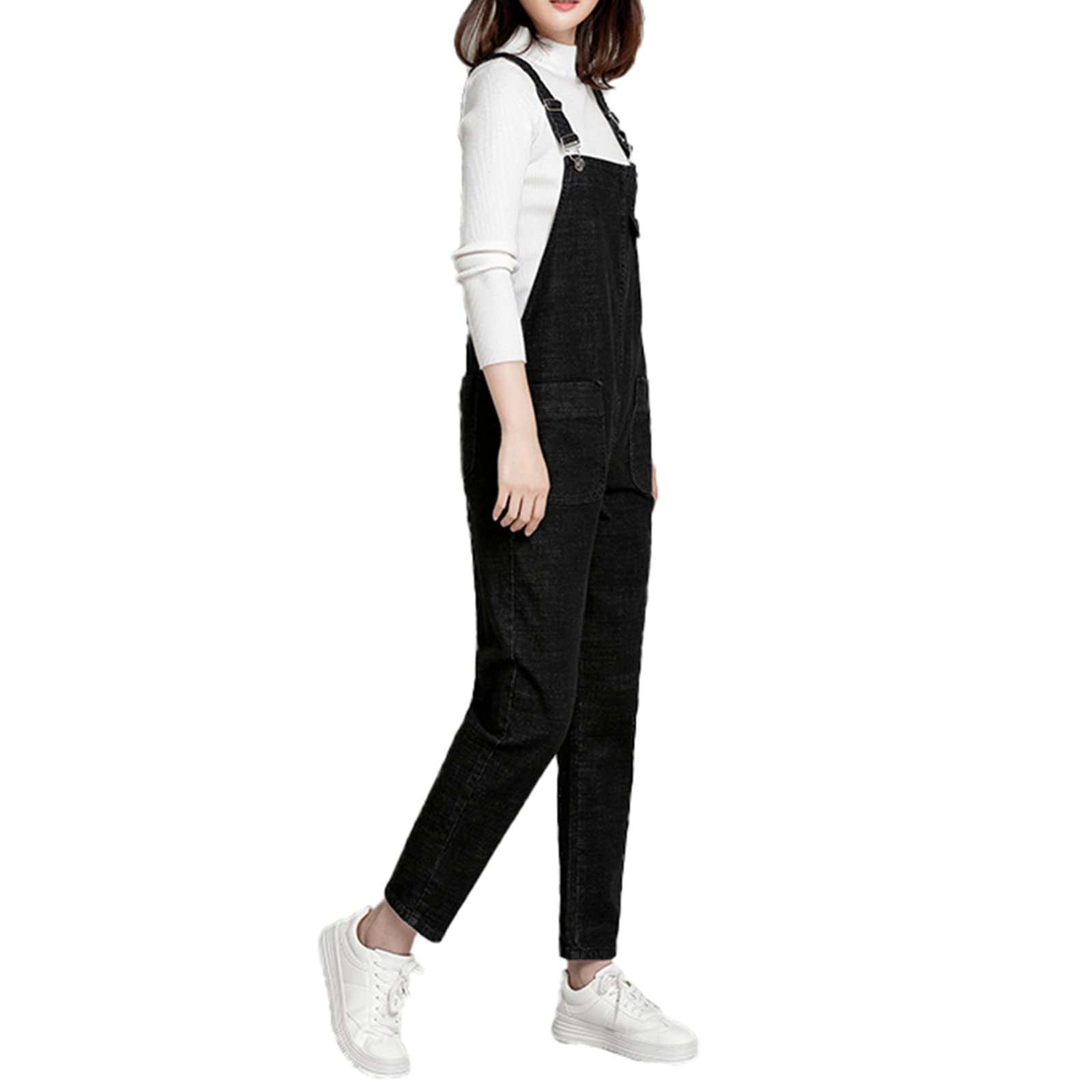 Donna Taglie Forti Salopette in Denim Stretch Lungo Overall Tuta Intera Jumpsuit Pantaloni Jeans con Pettorina (XS-5XL)