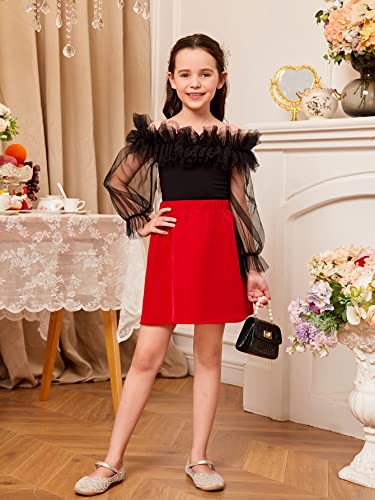 Wdirara Girl's Ruffle Trim Off Shoulder Mesh Sheer Long Sleeve Cute Night Top Blouse Black 11-12Y #TOP2