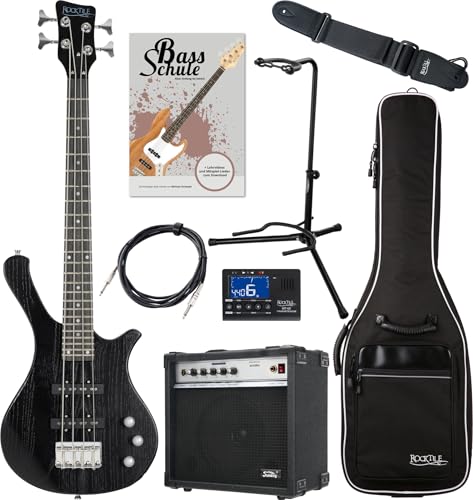 Rocktile TB-4 MBK Traveler Bajo Eléctrico 4 cuerdas viaje, 2 pastillas single coil. Incluye amplificador, funda, afinador, correa, soporte, cable y escuela. Negro Mate.