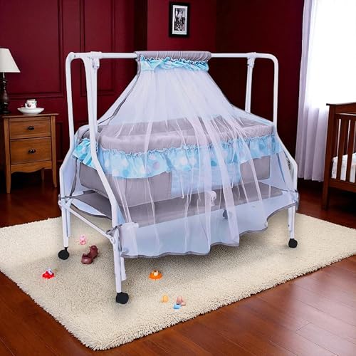 Kiddery Ares | Cradle for Baby | New Improved Mattress Design | Mosquito Protection Net | Smooth Swing | All Wheel Lock | Palna | Jhula | Uyyala | 0-8 Months | Blue