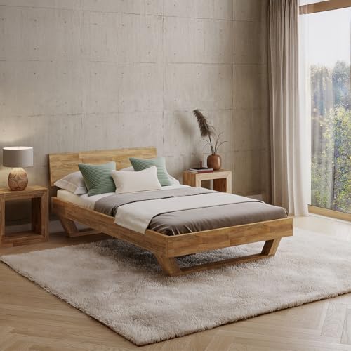 skølm Nornir Massivholzbett 120x200 cm – Bettrahmen aus Massivholz Eiche geölt – hochwertiges Holzbett mit Kufen Bettbeine – Bettgestell mit 1 Strebe als Bettkopf – geeignet als Doppelbett