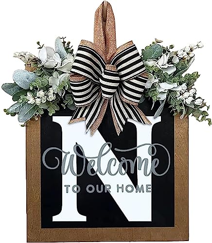 Nachname, ganzjähriger Haustürkranz, Veranda, Dekoration, 26 Buchstaben, Willkommensschild mit Eukalyptus-Girlande und Schleife, Frühlingskränze für Haustür, Außenaufhängung, Girlande (N)