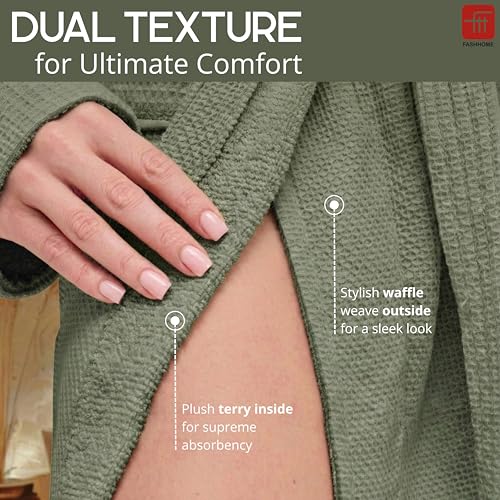 Image of Fash Home-Unisex Bathrobe-Waffle design at Top & Soft TerryTowel inside for quick absorbancy and softness -100% Soft Cotton |Full Size | Perfect for Royal Elite Class Men /Women /Couples (Olive Green)