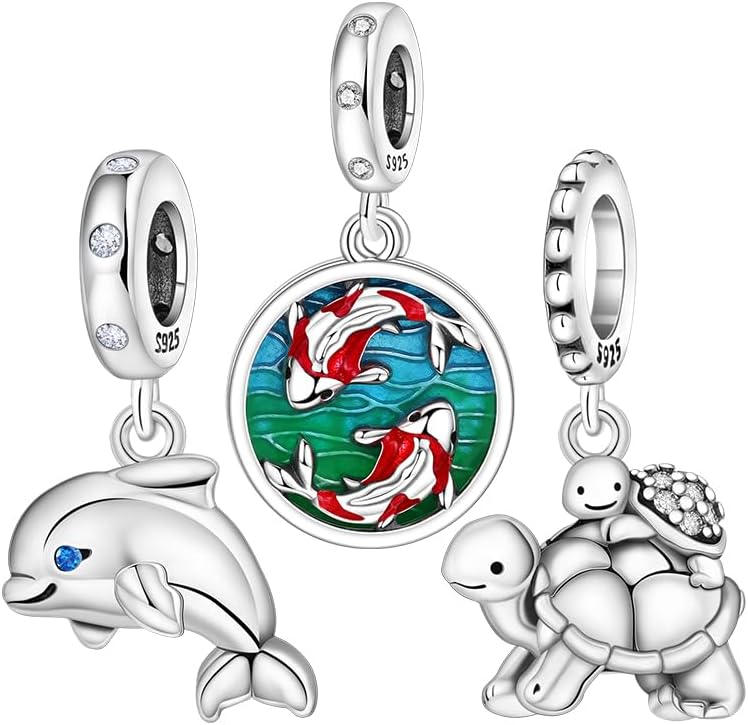 Sea Turtle 925 Sterling Silver Charms for Bracelets and Necklace Dangle Pendants Starfish Seashell Dolphin Shark Mermaid Bead Jewelry Present for Women Family Friends