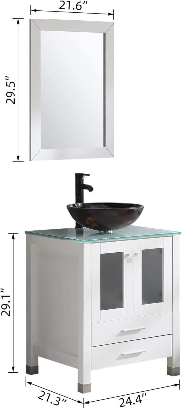 Diagram showing dimensions of the vanity cabinet, sink, and mirror