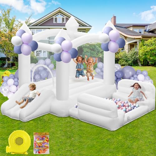 GYMMALL White Bounce House for Kids 3-8, Inflatable Bouncy House with Air Blower Slide Ball Pit Jumping 100 Balloons, Outdoor and Indoor Bouncy Castle for Party Birthday Wedding Event (10x6x6FT)