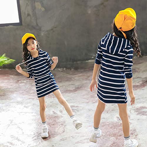 Teen Kids Girls Long Sleeve Stripe Slim Pencil Skirt Hooded Princess Dress White Dress for Girls (Navy, 7-9 Years)3