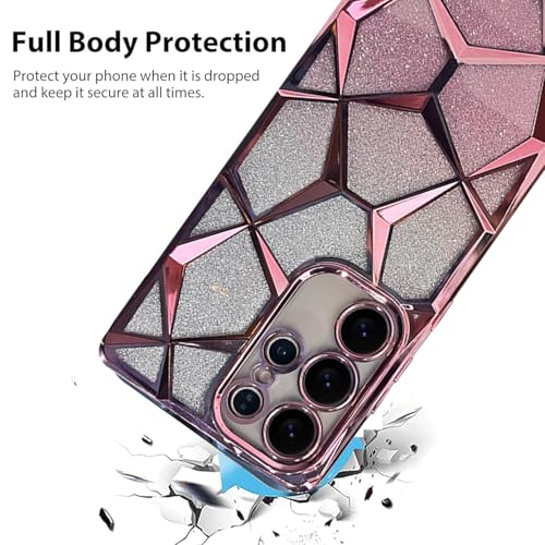 Image of VONZEE Gradient Glitter Case for Samsung S25 Ultra, Luxury Electroplated 3D Cube, Diamond Bling Shiny Soft TPU Clear Shockproof Women Girls Protective Phone Cover (Rose Gold)
