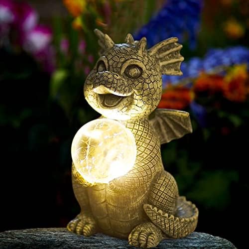 Qeeman Garden Dragon Statue Solar Powered Led Lights- Adorable Dragon Decoration with Gazing Ball for Garden Yard, Lawn- Gifts for Women Christmas/Mother’s Day