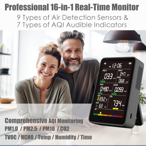 Image of 16-in-1 Indoor Air Quality Monitor, High-Precision Multi-Parameter Smart Air Quality Tester with HD Real-Time Color Screen, Portable Air Quality Monitor for Home, Office, Cars, Bedroom