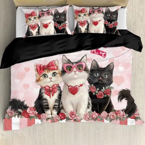BIGCARJOB Valentines Day Decorative Funny Cat Dog Bedding Duvet Cover Set for Kids Teens Girls Cute Quilt Cover Twin Size Valentine's Day Bedding Set with Zipper Closure