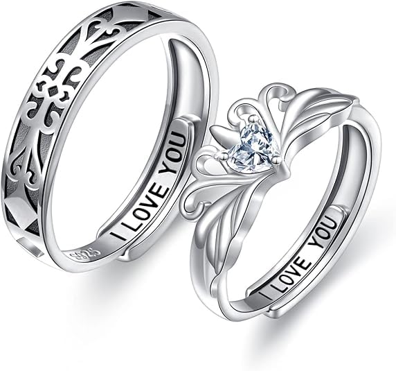 DAOCHONG Prinzessin und Ritter Versprechensringe für Paare Passende Ringsets 925 Sterlingsilber Ich liebe dich Verlobungsring für Sie und Ihn Ehering Verstellbare Paarringe