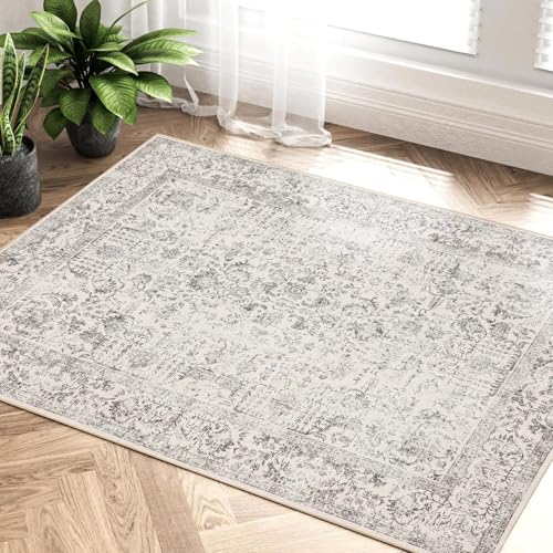 Gray Entryway Area Rug 2x3 Door Mat Machine Washable Kitchen Vintage Distressed Non Slip Carpet Indoor Grey Retro Floral Accent Throw Small Rug for Bathroom Office Bedroom Dining Living Room