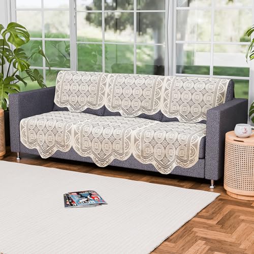 Image of Kuber Industries (Set of 6) Stylish & Durable Cotton Sofa Covers 3 Seater | Washable Sofa Protector /Mat | Suitable Slipcover for Living Room & Office | Plain Circle - Off White