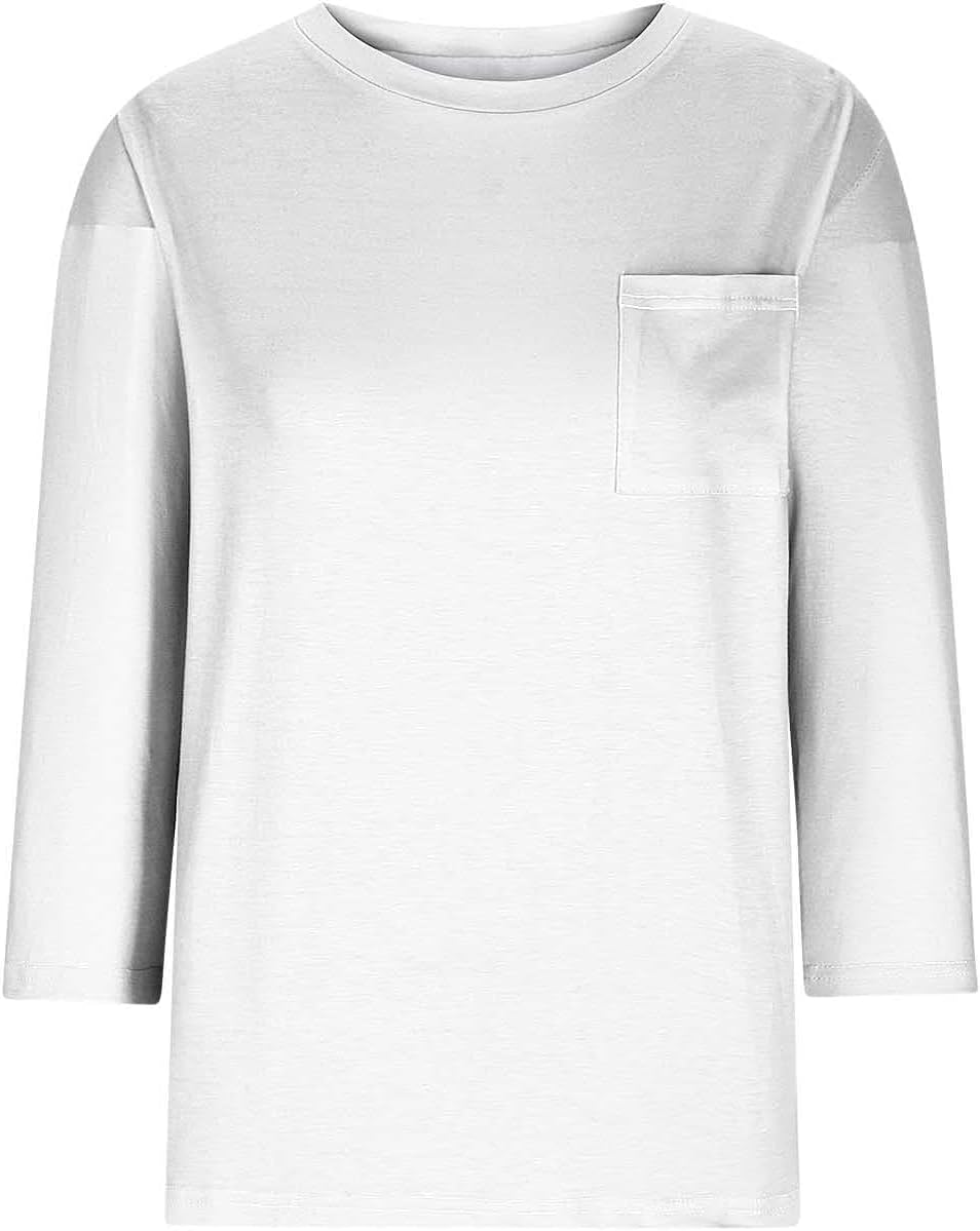 3/4 Length Sleeve Tops for Women Pockets Round Neck Basic Tunic Blouses Solid Color Casual Summer Tee Tshirts