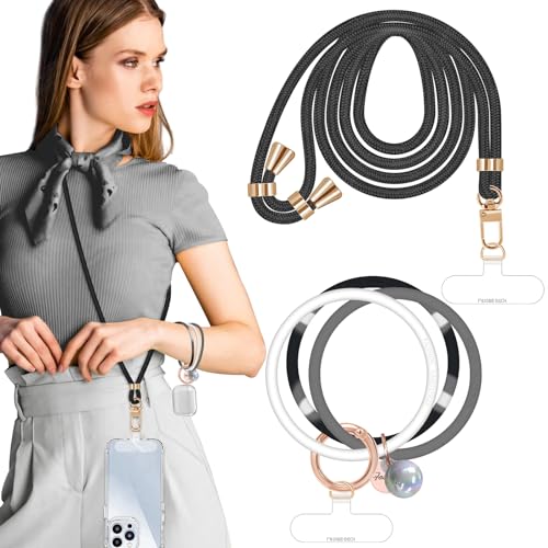 ROCONTRIP Set di cordino per telefono a tracolla e cinturino da polso in silicone, regolabile, colorato, con 2 toppe per la maggior parte dei telefoni cellulari, Nero, 80cm