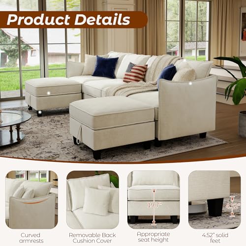 WorthFurni 112" Modular Sectional Sofa U Shape Couches with Storage Ottoman and Washable Cushion Cover for Living Room, Bedroom, Apartment(Beige) - image 6