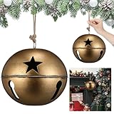 Civaner 8 Inch Large Christmas Jingle Bells Rustic Xmas Giant Hanging Sleigh Bells with Coarse Rope Star Cutouts Ornaments for Vintage Christmas Fireplace Tree Garden Decoration Supplies(Bronze)