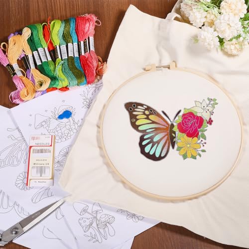Image of GLOBLELAND Canvas Tote Bag Embroidery Kit with 2 Pcs Storage Bag 1pc Embroidery Hoop 18 Pcs Embroidery Needles 4 Sheets Bee Butterfly Water-Soluble Embroidery Stabilizers 24 Pcs Threads