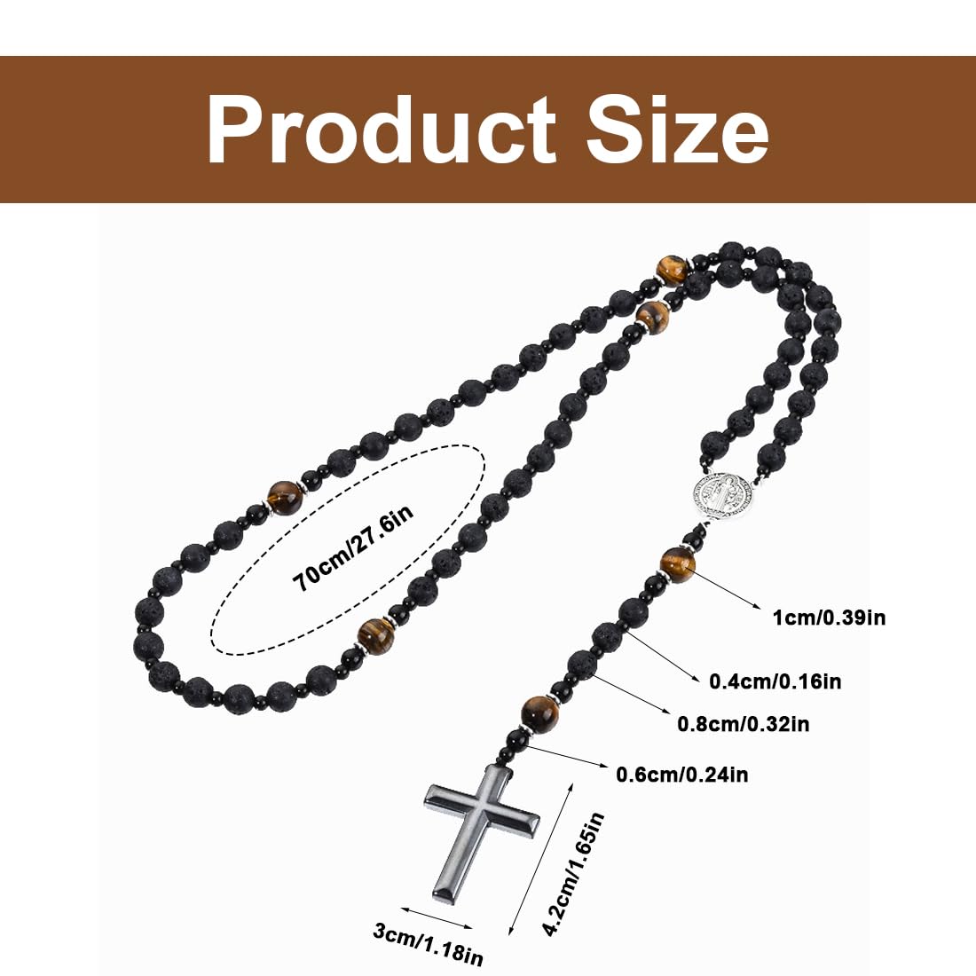 Rosario cattolico con borsa di flanella, collana uomo donna, pietra vulcanica nera naturale, medaglia, Nero