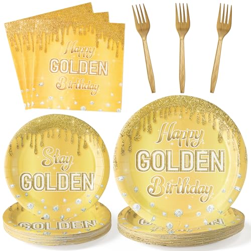 G1ngtar 96Pcs Happy Golden Birthday Party Plates Supplies - Gold Glitter Party Tableware Decorations Golden Diamond Disposable Paper Plates Napkins Forks for Women Men Birthday Anniversary, Serves 24