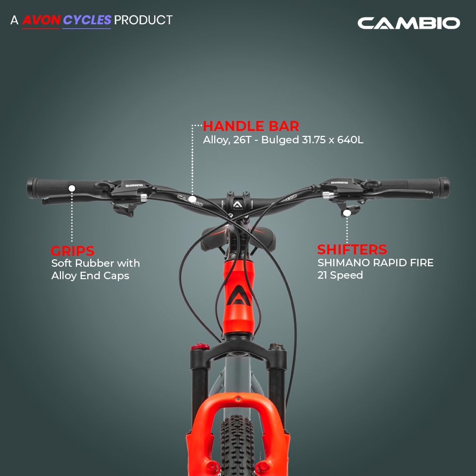 Image of Cambio Milan 26T MTB Aluminium Frame, Threadless Mech Lockout Suspension, Shimano Rapid Fire 21s Gears Cycle Matt Grey /Floro Red Two Tone