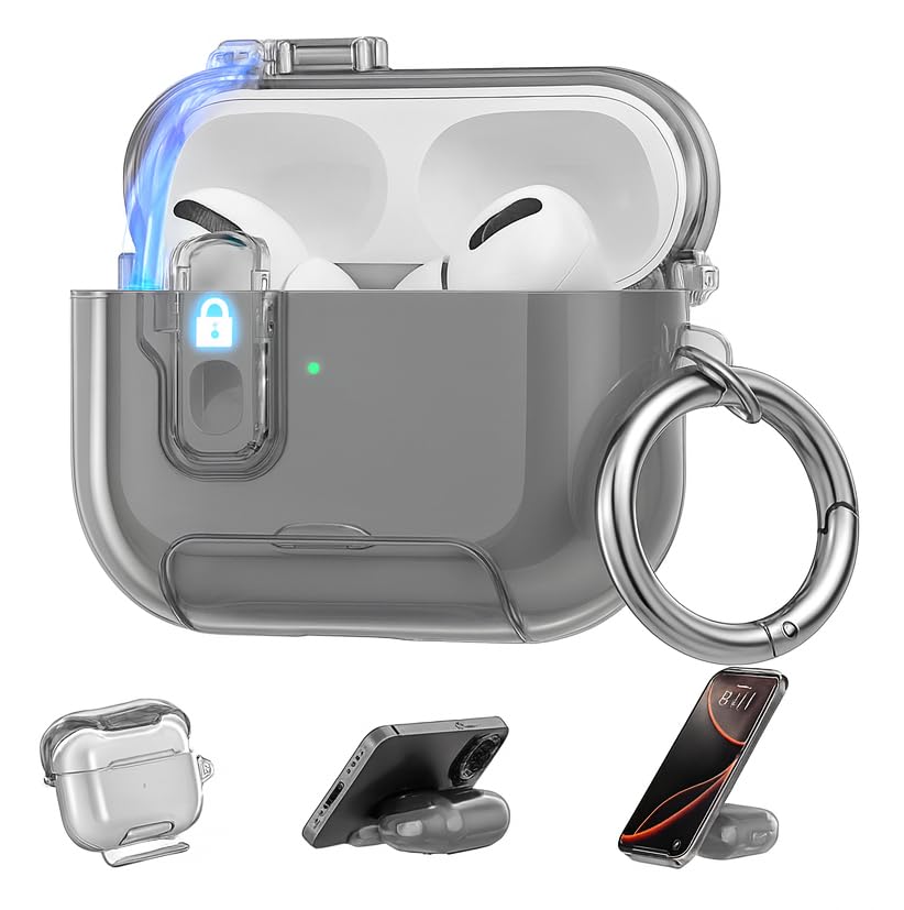 Image of Clear Magnetic Auto-Lock Case Cover for Apple Airpods Pro 3 (2025), with Phone Stand & Carabiner (Clear Black,Transparent Lock with Stand)