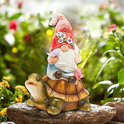 Gibmidser Garden Gnome Statue Large Resin Gnome Figurine Solar Led Lights Sitting On Turtle With Butterfly, Outdoor Garden For Four Seasons Decor Patio Yard Lawn Porch, Ornament Gift（Pink Dwarf） #TOP23