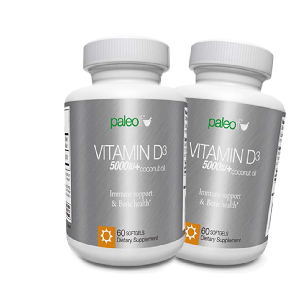 Premium Vitamin D3 5000 IU- New Formula: Paleo Life Vitamin D3 5000iu Premium High Potency with Coconut Oil - 60 Capsules. (2-Pack)