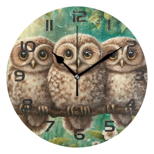 Flradish Three Owls Wall Clock, 10 Inch Silent Non-Ticking Round Wall Clock Battery Operated Numbers