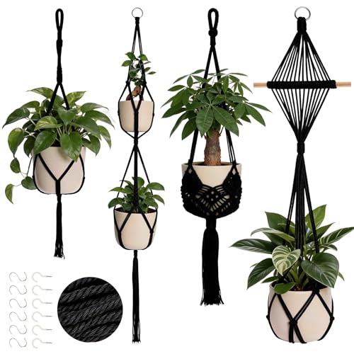 Chuner 4er Set Makramee Blumenampel Hängend Innen Boho Deko Makramee Hängeampel Baumwollseil Blumentopf Hängend mit Haken Hängepflanzen Topf für Balkon Garten Fenster Deko (Schwarz)