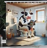 Ambesonne Funny Shower Curtain, Huge Cow Sitting on a Toilet with a Newspaper Whimsical Bathroom Scene, Cloth Fabric Bathroom Decor Set with Hooks, 69' W x 70' L, Pale Brown Grey Coconut