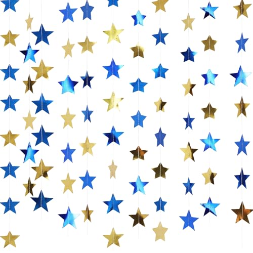 Image of Spakon 65 Feet Glitter Star Shaped Paper Garland Banner Hanging Decoration Star Streamer Double Side 2026 Graduation Decorations for Wedding Birthday New Year Party Decoration (Gold and Blue)