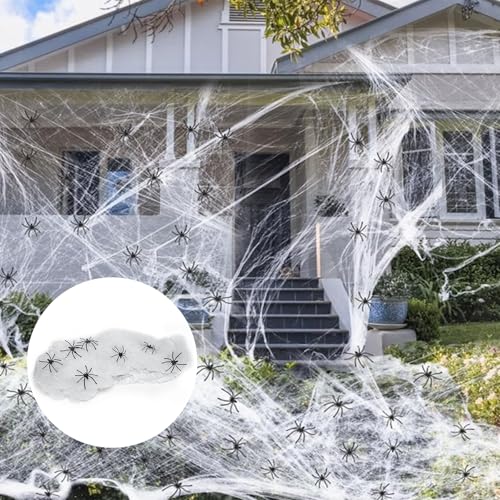 Tadpolez Telaraña Halloween 200g Blanca con 60 Arañas Negras Falsas   Decoración Terrorífica Elástica para Interior Exterior Jardín Halloween